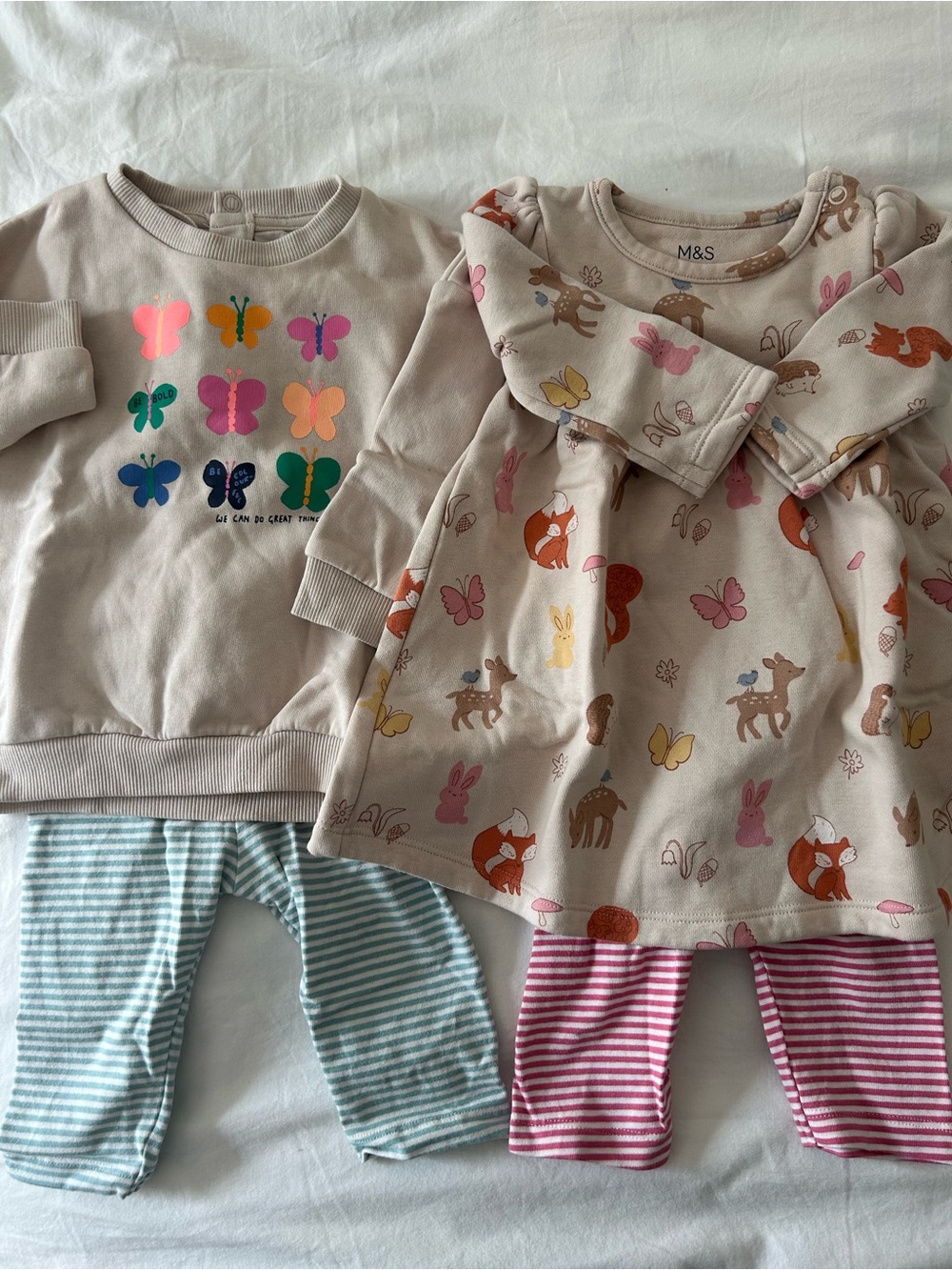 M&S Baby Girl Outfits Tan Dress and Sweatshirt Butterflies 3-6 Months